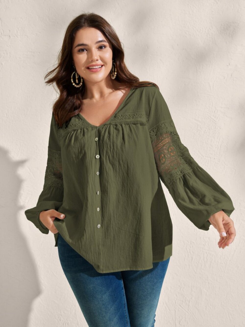 BloomChic Olive/Fern Green Pure Cotton Sheer Lace Trim Blouse 14-16/1X NWT
